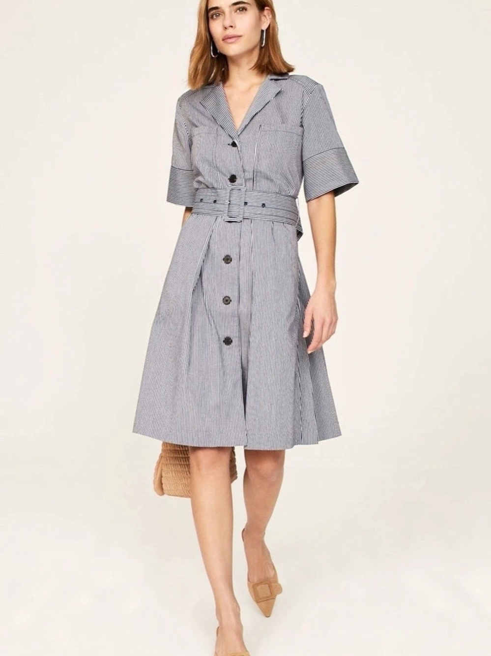 Adam Lippes x RTR Striped Cotton Work Dress Gray & White Midi